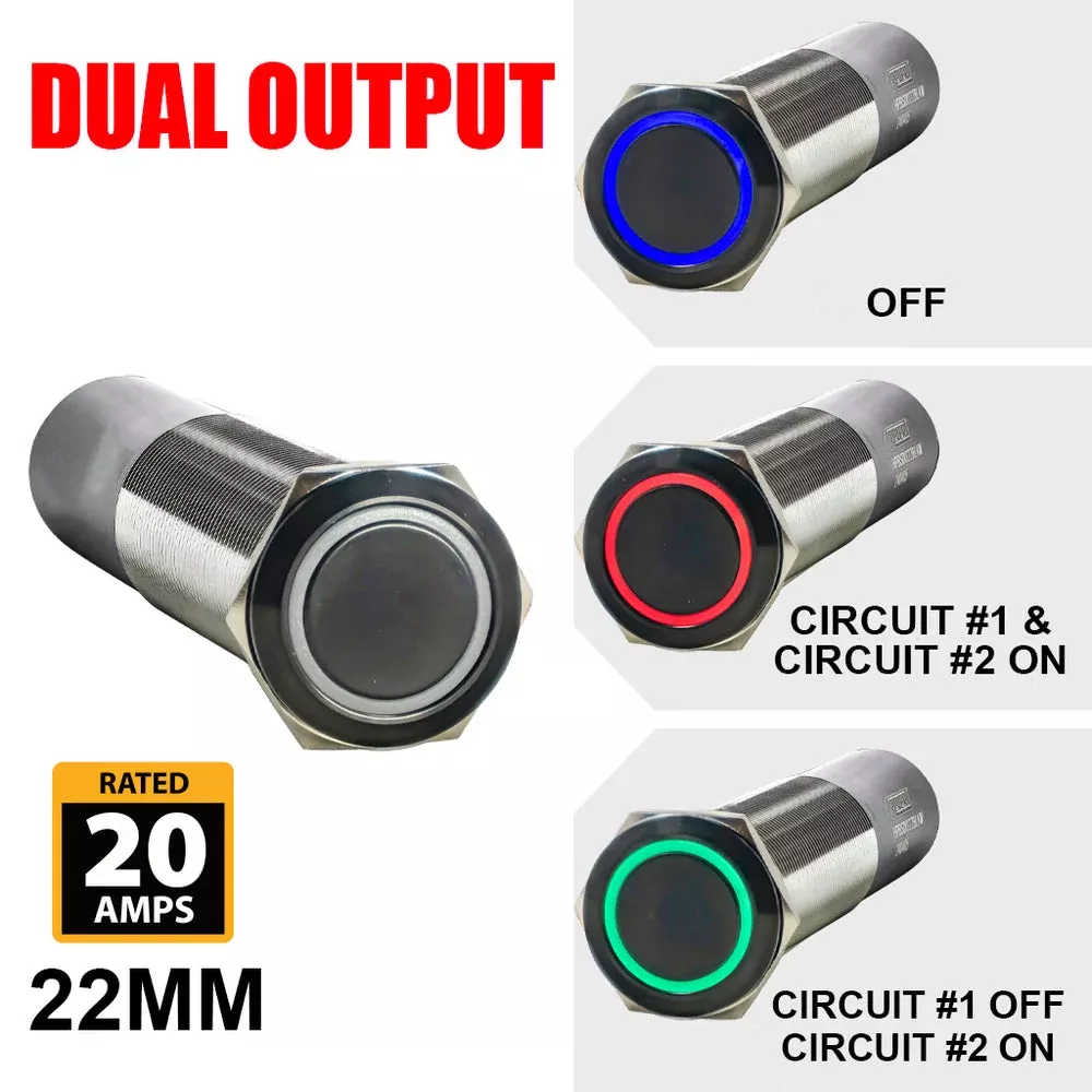 PlashLights REVERT Harsh Environment 22MM 3 Color Dual Output Push Button Switch - Black | HPBS-DO-22-BLK-M