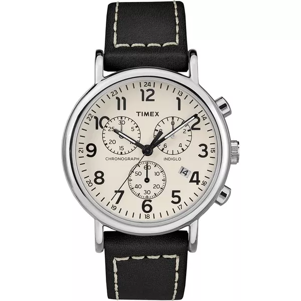 Timex Mens Weekender Chronograph 40mm Watch - White Dial/Black Leather Strap [TW2R42800JV]